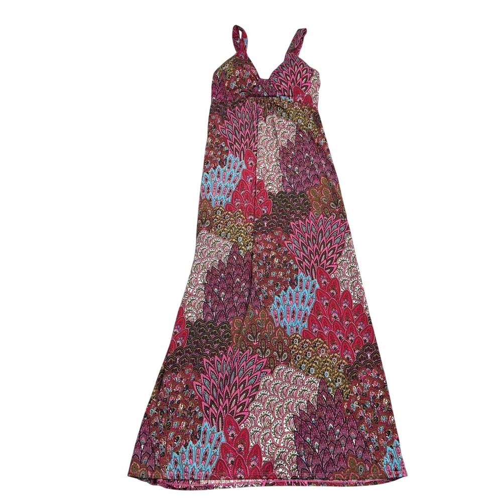 Raindrops by Papillon Pink Paisley Peacock Print Maxi Dress Womens Medium Boho